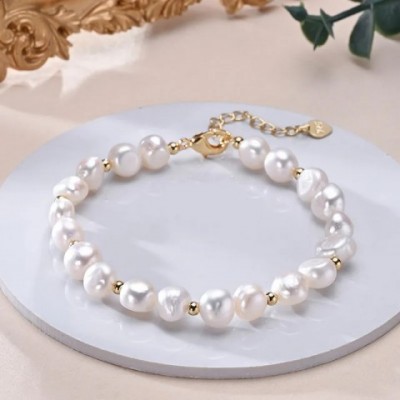 Natural Freshwater Pearl Baroque Bracelet with Gold Beads and S925 Silver Chain - Exquisite Jewelry Gift for Women