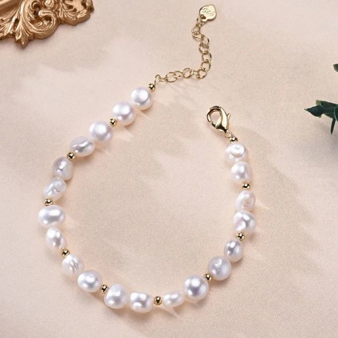 Natural Freshwater Pearl Baroque Bracelet with Gold Beads and S925 Silver Chain - Exquisite Jewelry Gift for Women