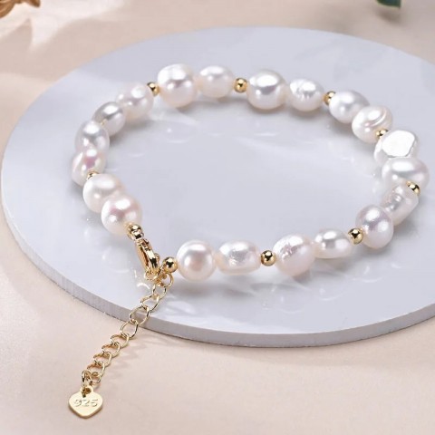 Natural Freshwater Pearl Baroque Bracelet with Gold Beads and S925 Silver Chain - Exquisite Jewelry Gift for Women