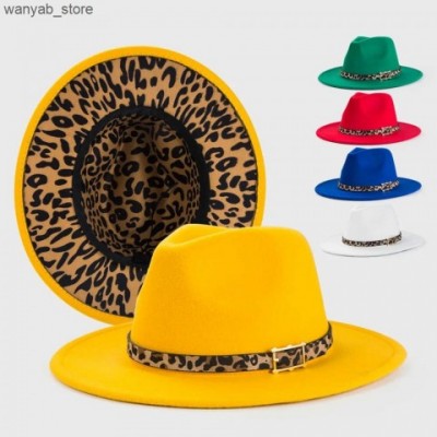 Yellow Wide Brim Fedora Hat with Leopard Print Inner for Men and Women L240910