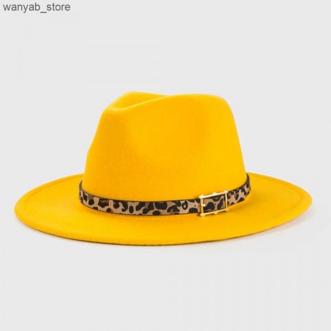 Yellow Wide Brim Fedora Hat with Leopard Print Inner for Men and Women L240910