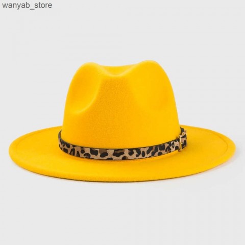 Yellow Wide Brim Fedora Hat with Leopard Print Inner for Men and Women L240910