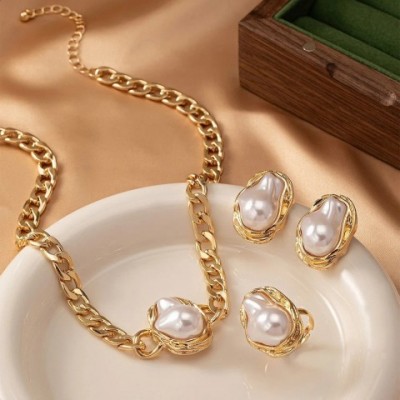 3PCS Charmful Retro Pearl Wedding Jewelry Set for Women Earrings Necklace Ring