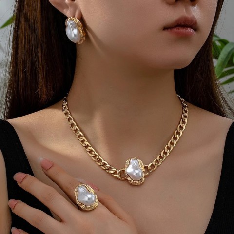 3PCS Charmful Retro Pearl Wedding Jewelry Set for Women Earrings Necklace Ring