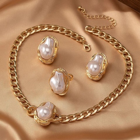 3PCS Charmful Retro Pearl Wedding Jewelry Set for Women Earrings Necklace Ring