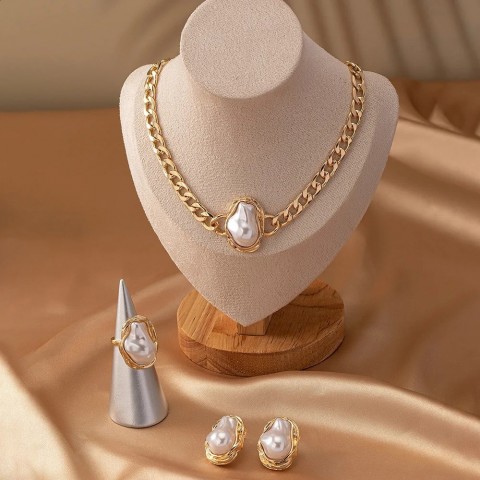 3PCS Charmful Retro Pearl Wedding Jewelry Set for Women Earrings Necklace Ring