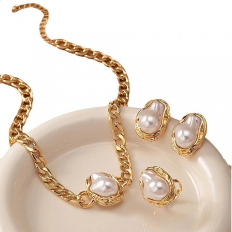 3PCS Charmful Retro Pearl Wedding Jewelry Set for Women Earrings Necklace Ring