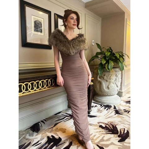 Elegant Faux Fur Casual Long Brown Dress for Women