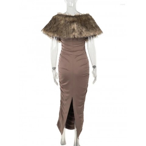 Elegant Faux Fur Casual Long Brown Dress for Women