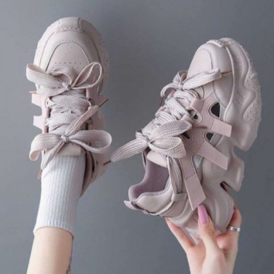 New Women's Hollow Design Korean Sneakers - Comfortable Lace Up Platform Casual Shoes