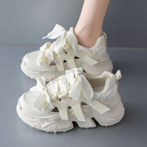New Women's Hollow Design Korean Sneakers - Comfortable Lace Up Platform Casual Shoes