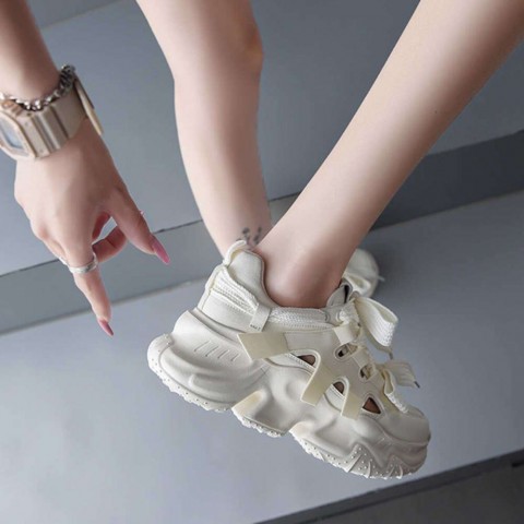 New Women's Hollow Design Korean Sneakers - Comfortable Lace Up Platform Casual Shoes