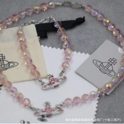 Vivienmes Women's Preppy Style Crystal Pearl Pendant Necklace & Bracelet Set