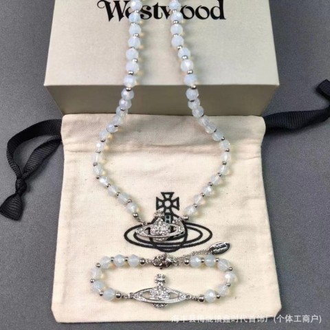 Vivienmes Women's Preppy Style Crystal Pearl Pendant Necklace & Bracelet Set