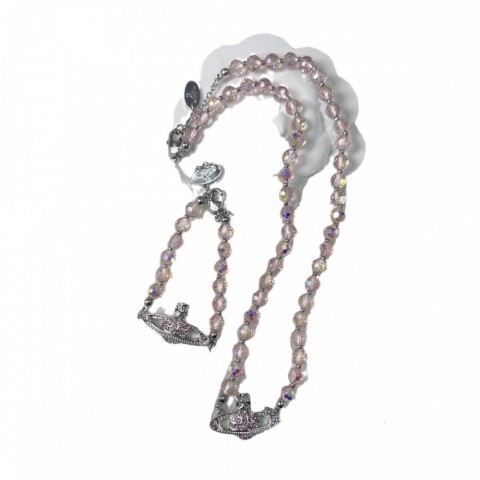 Vivienmes Women's Preppy Style Crystal Pearl Pendant Necklace & Bracelet Set