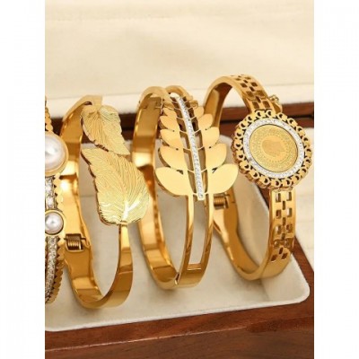 ALLYES Women's Stylish 18K Gold Stainless Steel Heart Leaf Bangles with Zircon