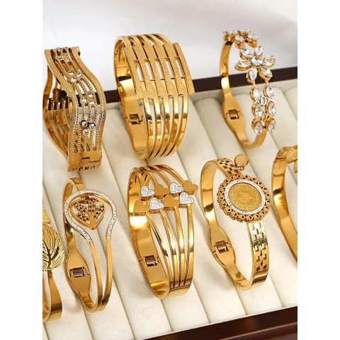 ALLYES Women's Stylish 18K Gold Stainless Steel Heart Leaf Bangles with Zircon