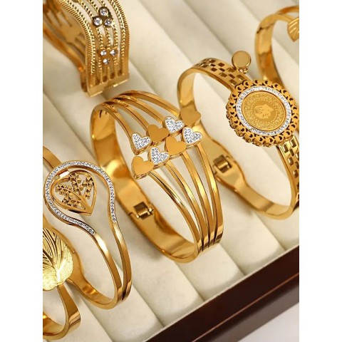 ALLYES Women's Stylish 18K Gold Stainless Steel Heart Leaf Bangles with Zircon