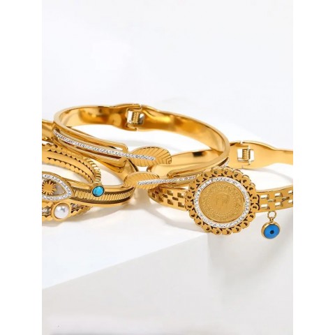 ALLYES Women's Stylish 18K Gold Stainless Steel Heart Leaf Bangles with Zircon