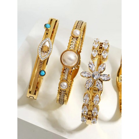 ALLYES Women's Stylish 18K Gold Stainless Steel Heart Leaf Bangles with Zircon
