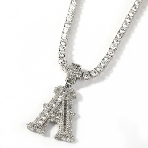UWIN Stylish Initial Charms Necklace for Men & Women - Iced Out Baguette CZ Zircon with Tennis Chain