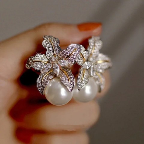 Gorgeous Stud Earrings with Flower Design and Sparkling CZ Stones for Women