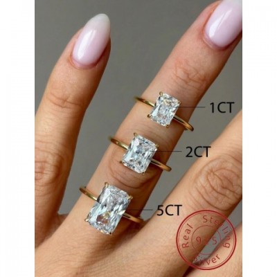 Sterling Silver 925 Zircon Rectangle Ring for Women Engagement Wedding