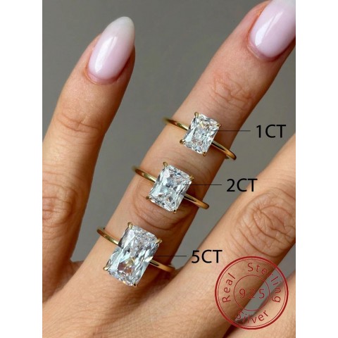 Sterling Silver 925 Zircon Rectangle Ring for Women Engagement Wedding