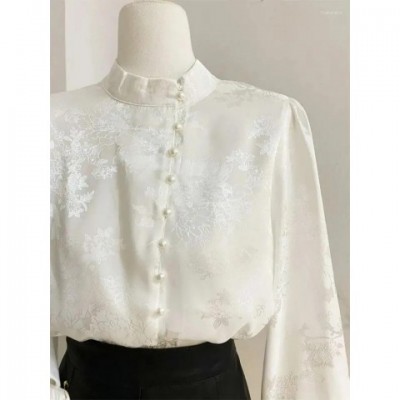 Elegant Retro Women's Blouses with Stand-up Collar, Long Sleeve, Autumn Fashion