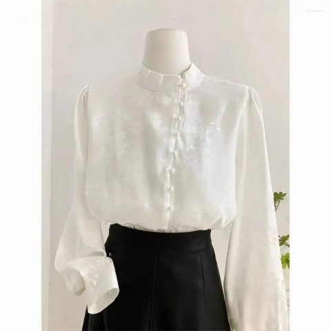 Elegant Retro Women's Blouses with Stand-up Collar, Long Sleeve, Autumn Fashion