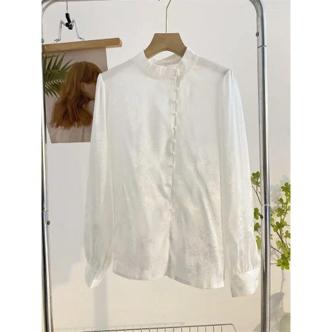 Elegant Retro Women's Blouses with Stand-up Collar, Long Sleeve, Autumn Fashion
