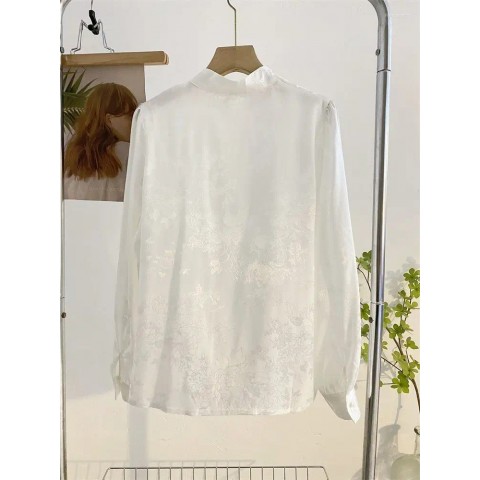 Elegant Retro Women's Blouses with Stand-up Collar, Long Sleeve, Autumn Fashion