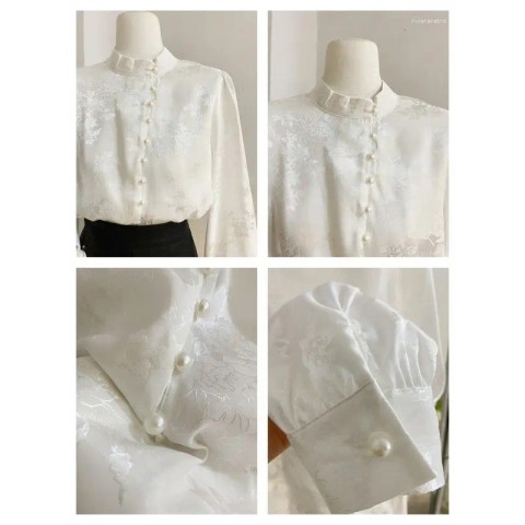 Elegant Retro Women's Blouses with Stand-up Collar, Long Sleeve, Autumn Fashion