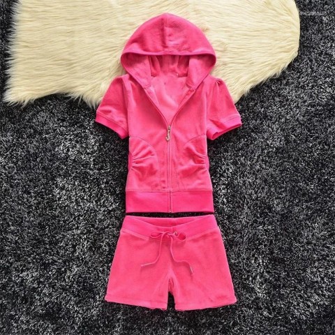 Women's Fashion Tracksuits Set with Hooded Sweatshirt and Velvet Shorts