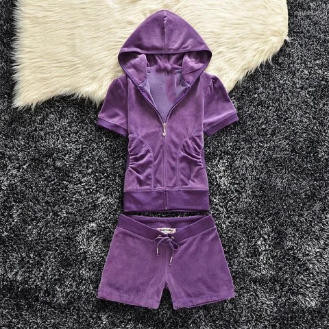 Women's Fashion Tracksuits Set with Hooded Sweatshirt and Velvet Shorts