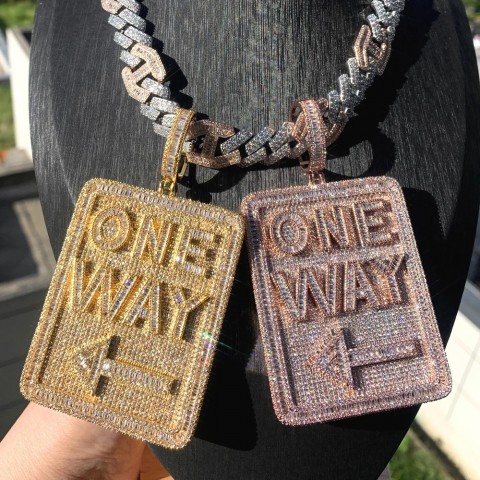 Iced Out Bling Men's Direction Signs Necklace with Cubic Zirconia