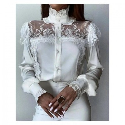 Elegant Women's Polyester Blouses with Lace Hem and Lantern Sleeves