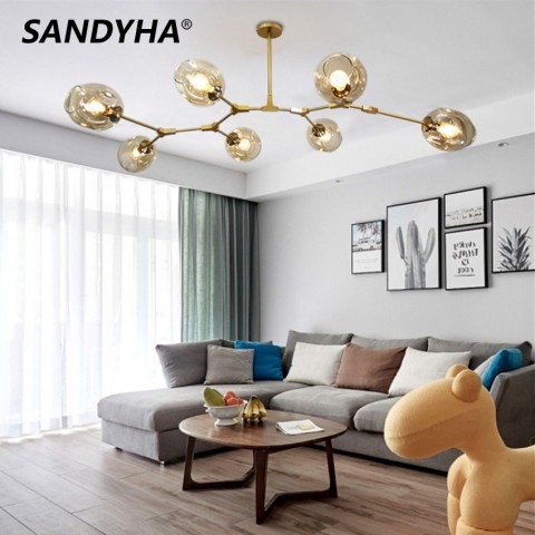 SANDYHA Nordic Glass Pendant Light - Creative Molecular Design LED Chandelier for Home Decor