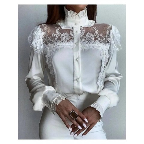 Elegant Women's Polyester Blouses with Lace Hem and Lantern Sleeves