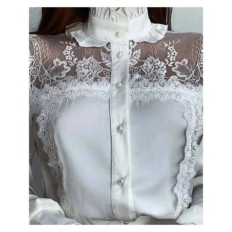 Elegant Women's Polyester Blouses with Lace Hem and Lantern Sleeves