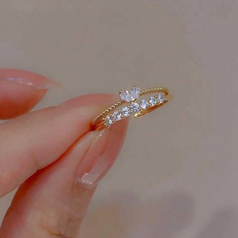 Trendy Adjustable Zircon Heart Rings Set for Women, Gold Color, Wedding Jewelry