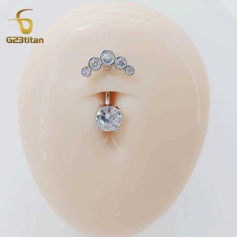 G23Titan Unisex 2 Side CZ Zircon Belly Button Ring 6-16mm Surgical Titanium