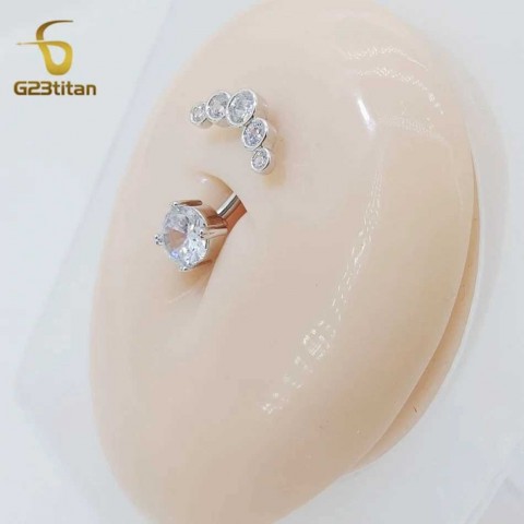 G23Titan Unisex 2 Side CZ Zircon Belly Button Ring 6-16mm Surgical Titanium