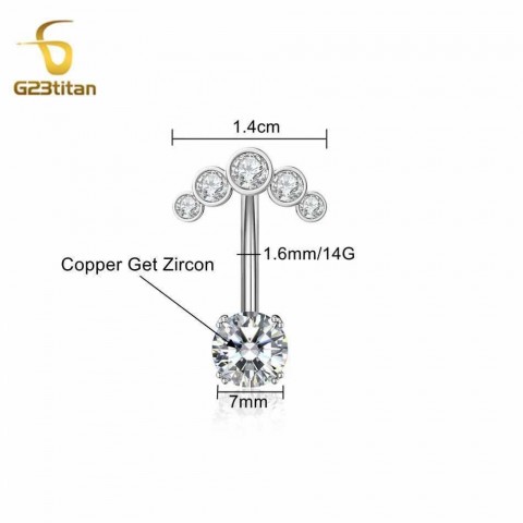 G23Titan Unisex 2 Side CZ Zircon Belly Button Ring 6-16mm Surgical Titanium