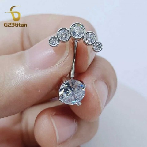 G23Titan Unisex 2 Side CZ Zircon Belly Button Ring 6-16mm Surgical Titanium