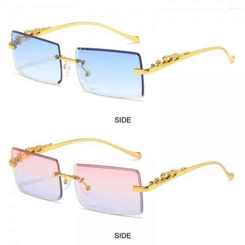 Sunglass Mania Metal Cheetah Frameless Rectangle Sunglasses with Ocean Lens