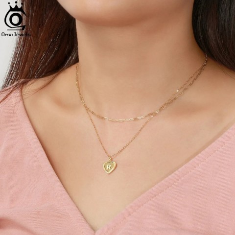 ORSA JEWELS Women's 14K Gold & 925 Sterling Silver Initial Heart Layered Necklace