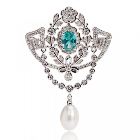 Wong Rain Women's Sterling Silver Sapphire Diamond Pearl Chest Brooch 241122