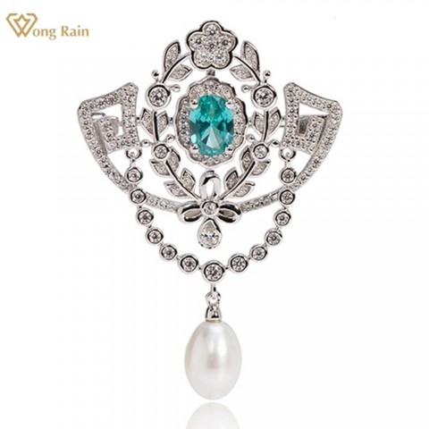 Wong Rain Women's Sterling Silver Sapphire Diamond Pearl Chest Brooch 241122