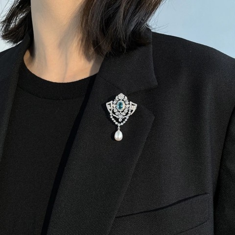 Wong Rain Women's Sterling Silver Sapphire Diamond Pearl Chest Brooch 241122